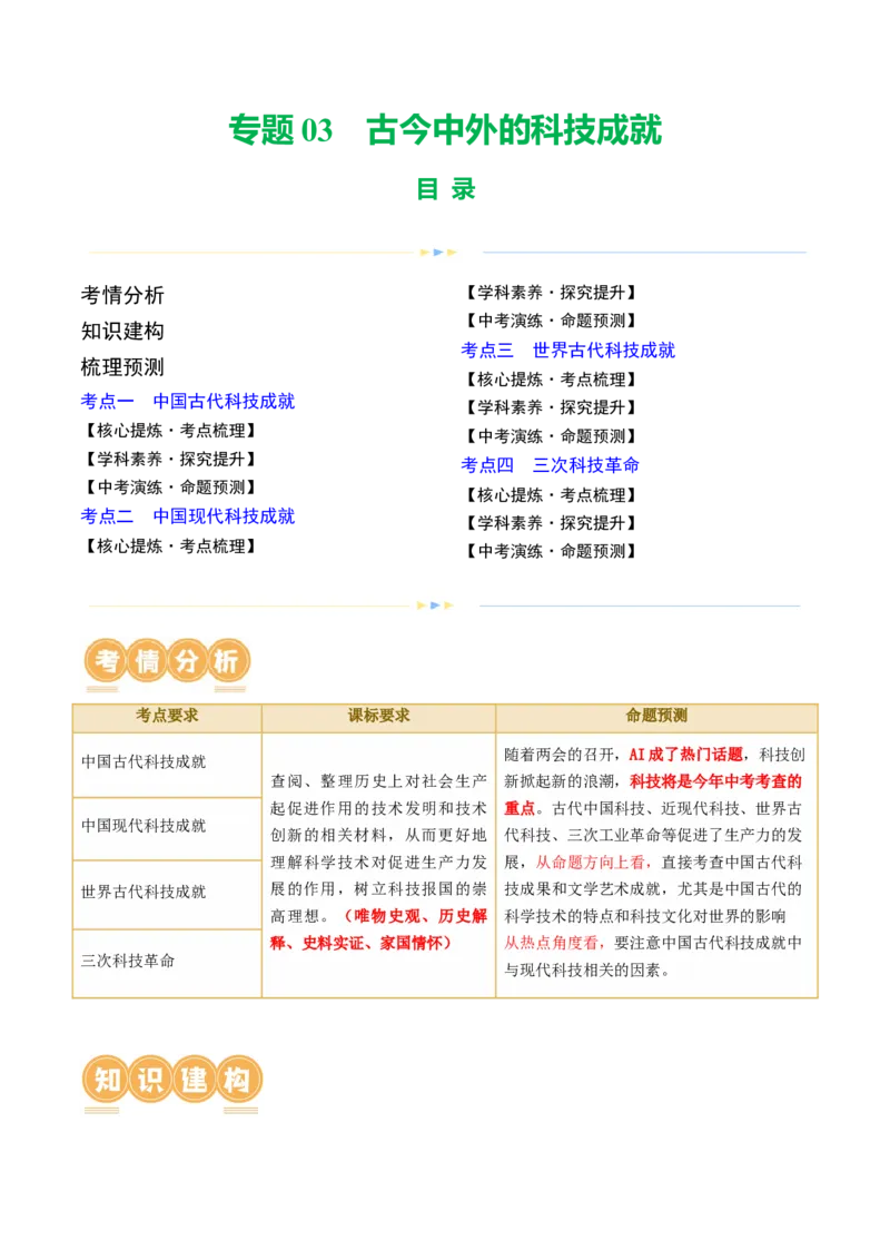 专题03古今中外科技成就（讲练）（原卷版）_中考历史资料合集_中考历史二轮复习资料（全国通用）_配套讲练