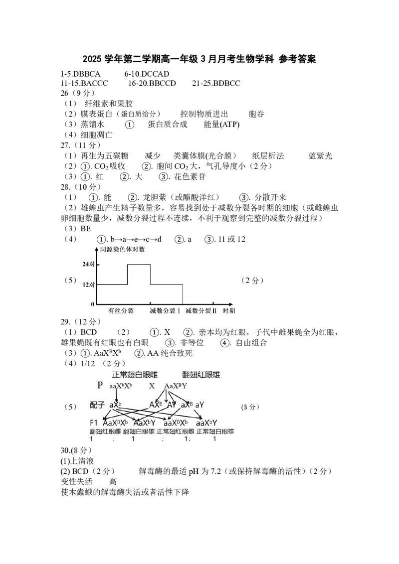 高一生物答案_2026年03月高一试卷_260329浙江四校(含精诚联盟)2025-2026学年高一下学期3月阶段检测（全科）