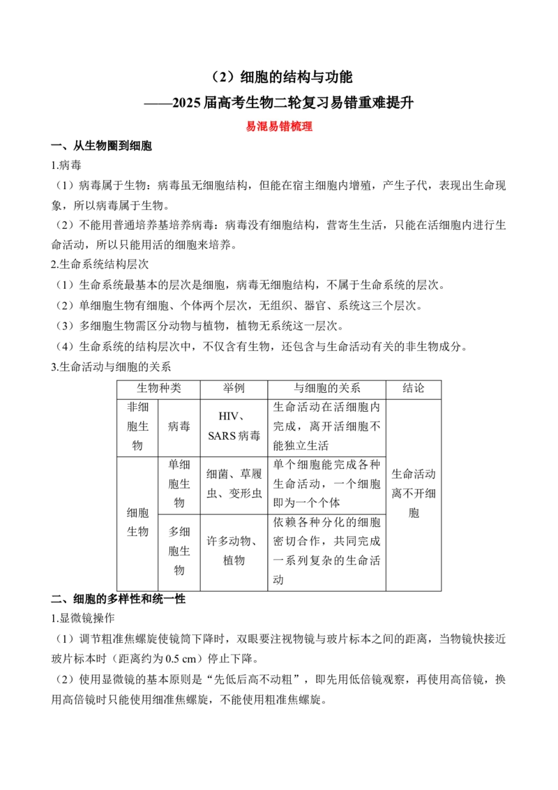 （2）细胞的结构与功能&mdash;&mdash;2025届高考生物二轮复习易错重难提升（含解析）_2025年新高考资料_二轮复习_2025届高考生物二轮复习易错重难提升（含解析）