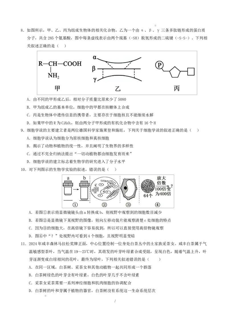 高一生物上学期第一次月考（苏教版2019）测试范围：苏教版2019必修1第1章~第2章第1节（考试版）_2025年10月高一试卷_2510032025-2026学年高一生物上学期第一次月考