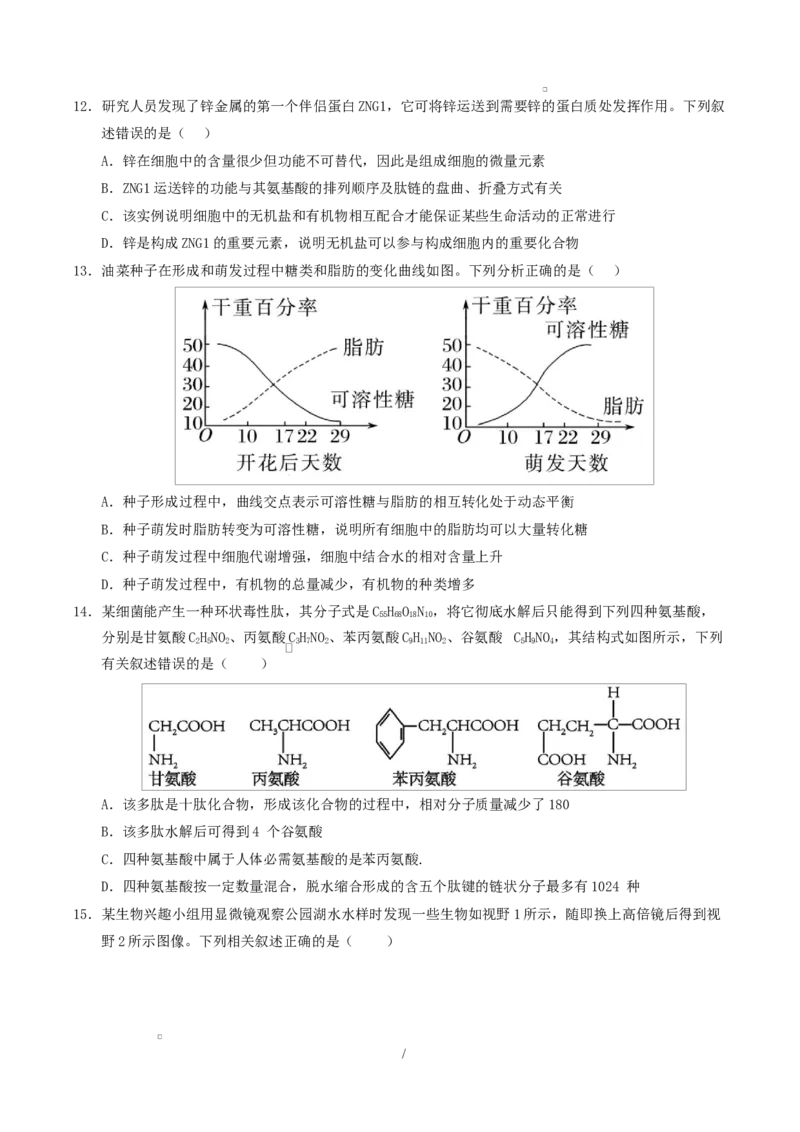 高一生物上学期第一次月考（苏教版2019）测试范围：苏教版2019必修1第1章~第2章第1节（考试版）_2025年10月高一试卷_2510032025-2026学年高一生物上学期第一次月考