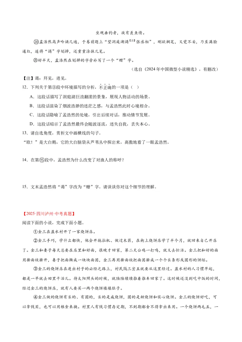 专题18小说阅读（二）（全国通用）（原卷版）_中考复习资料_语数英物化_1语文中考复习_2026年中考复习（更新中）_好题汇编三年（2023-2025）中考语文真题分类汇编（全国通用）