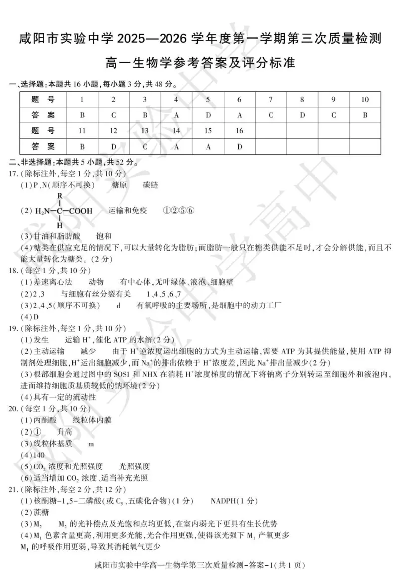 高一生物咸阳实验_2026年01月高一试卷_260109陕西省咸阳市实验中学2025-2026学年高一上学期第三次质量检测（全）