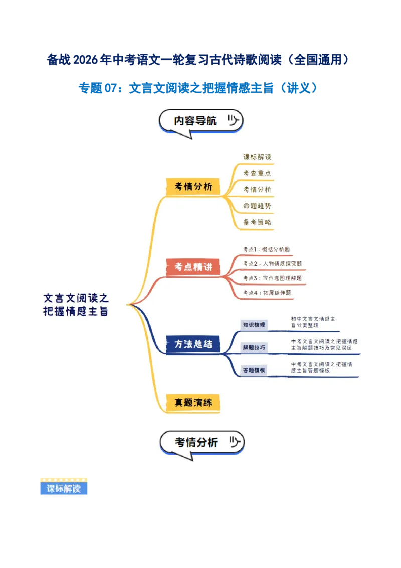 专题07：文言文阅读之把握情感主旨(讲义）原卷版_中考复习资料_语数英物化_1语文中考复习_2026年中考复习（更新中）_备战2026年中考语文一轮复习之古诗文专题（全国通用）