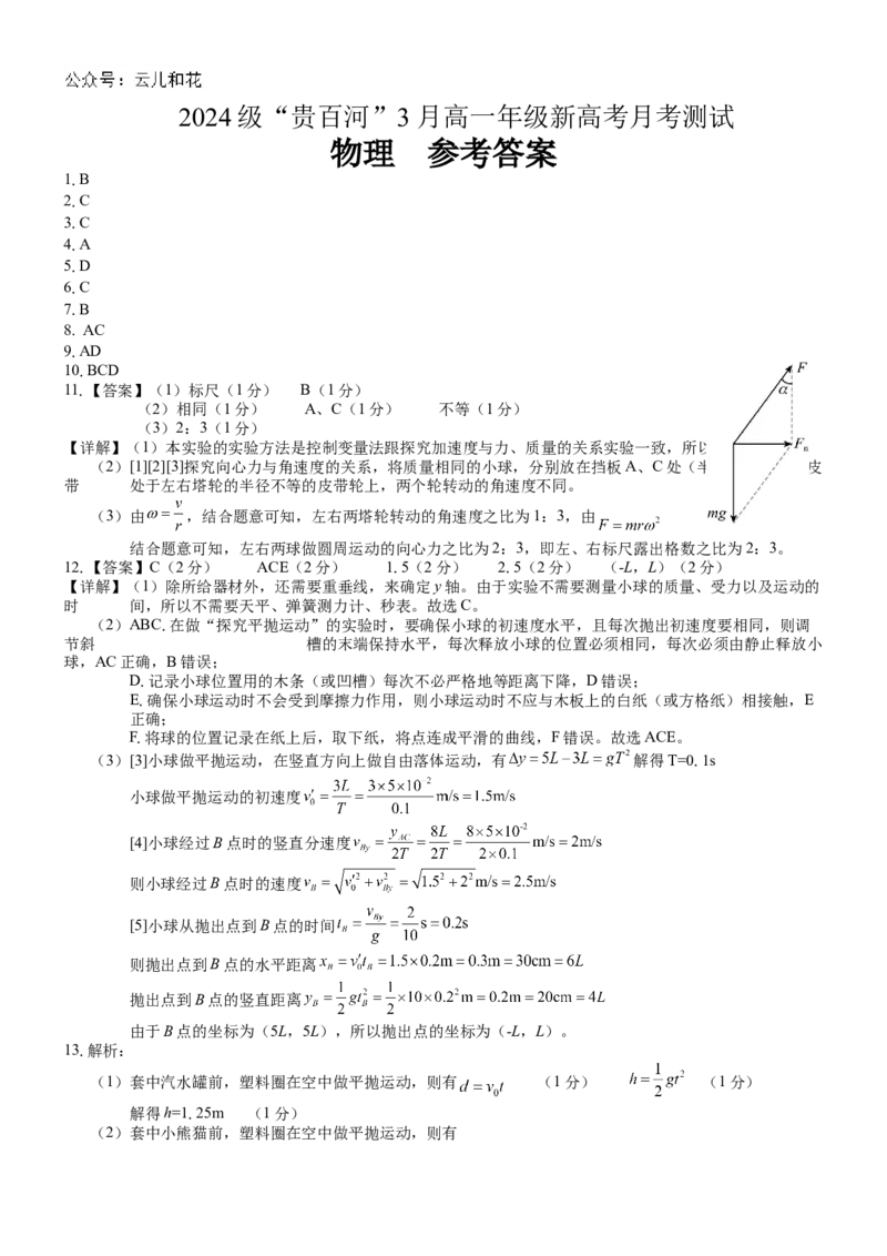 （物理）2024级&ldquo;贵百河&rdquo;3月高一月考参考答案_2025年04月试卷_0401广西壮族自治区&ldquo;贵百河&rdquo;联考2024-2025学年高一下学期3月月考