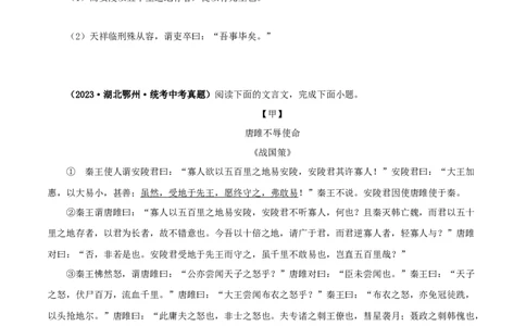 专题38唐雎不辱使命（原卷版）-备战2024年中考语文之文言文对比阅读（全国通用）_中考复习资料_语数英物化_1语文中考复习_2024年中考资料_专项复习资料