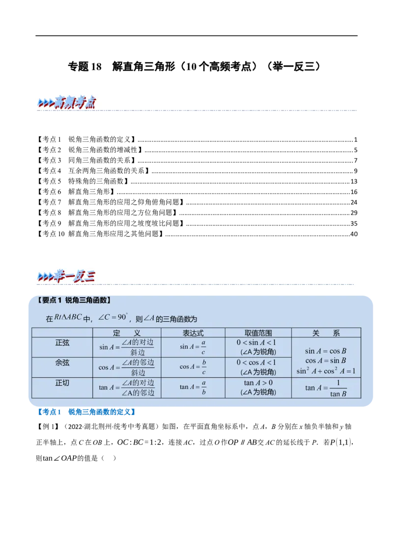 专题18解直角三角形（10个高频考点）（举一反三）（全国通用）（解析版）_中考复习资料_语数英物化_2数学中考复习_2023年中考复习资料_专项复习