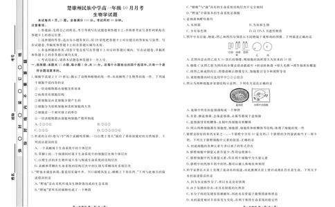 高一生物正文_2025年11月高一试卷_251104云南省楚雄彝族自治州民族中学2025-2026学年高一上学期10月月考_云南省楚雄州民族中学2025-2026学年高一上学期10月月考生物试题（扫描版，有解析）