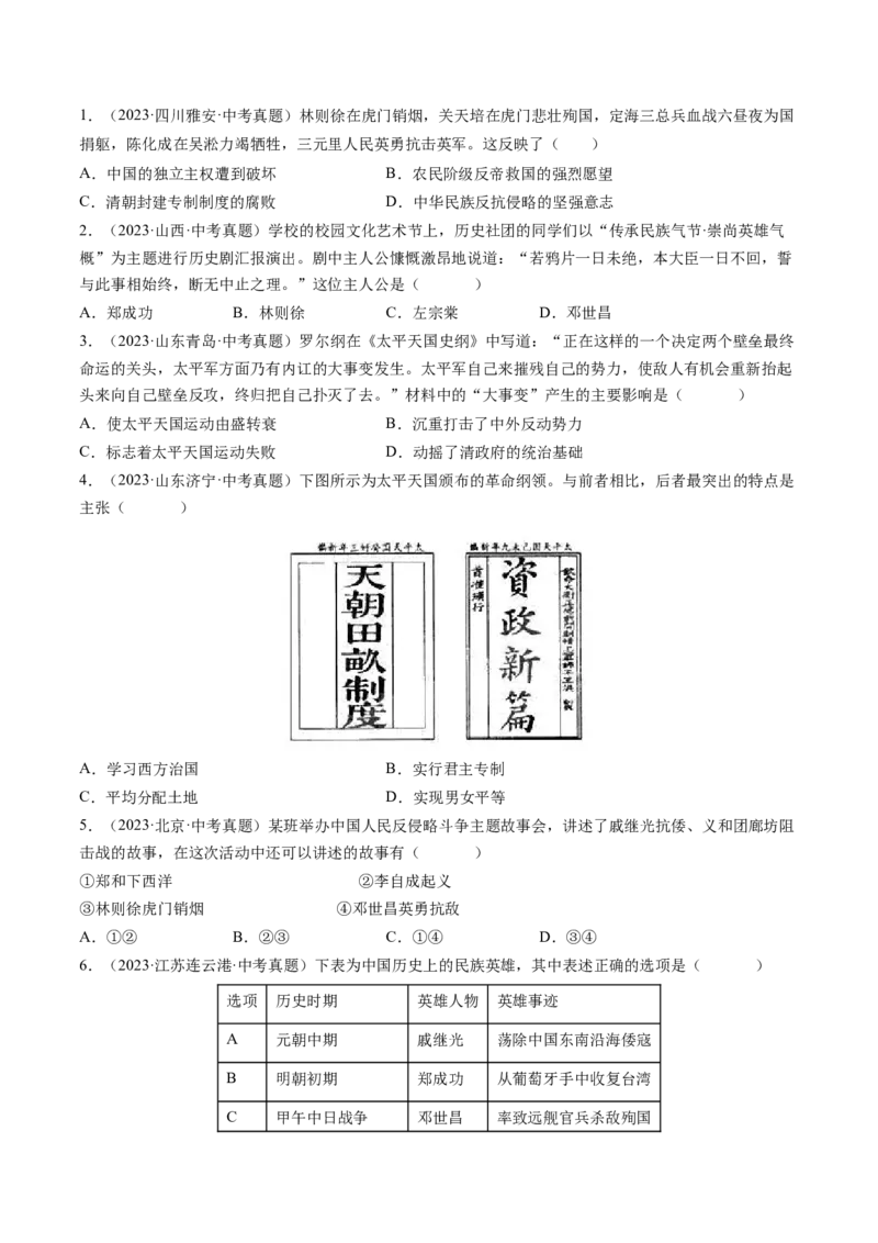 专题06中外历史上的侵略与反抗（讲练）（原卷版）_中考历史资料合集_中考历史二轮复习资料（全国通用）_配套讲练