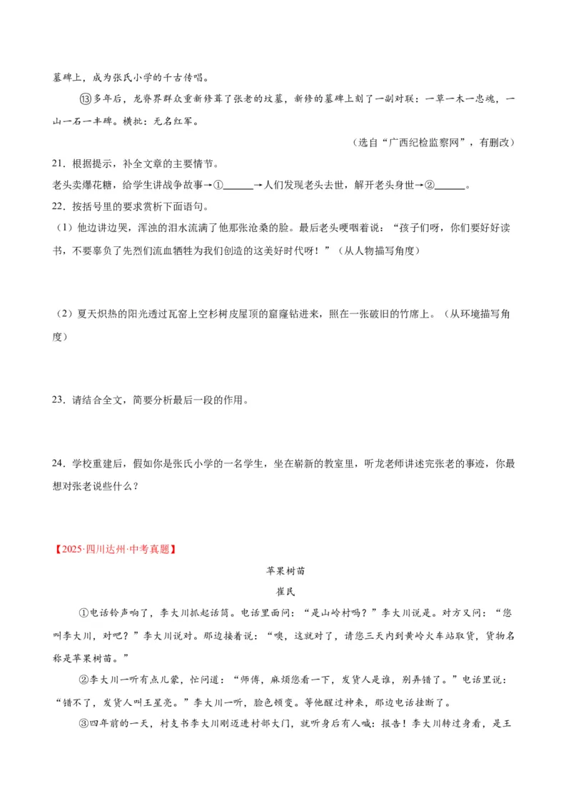 专题17小说阅读（一）（全国通用）（原卷版）_中考复习资料_语数英物化_1语文中考复习_2026年中考复习（更新中）_好题汇编三年（2023-2025）中考语文真题分类汇编（全国通用）