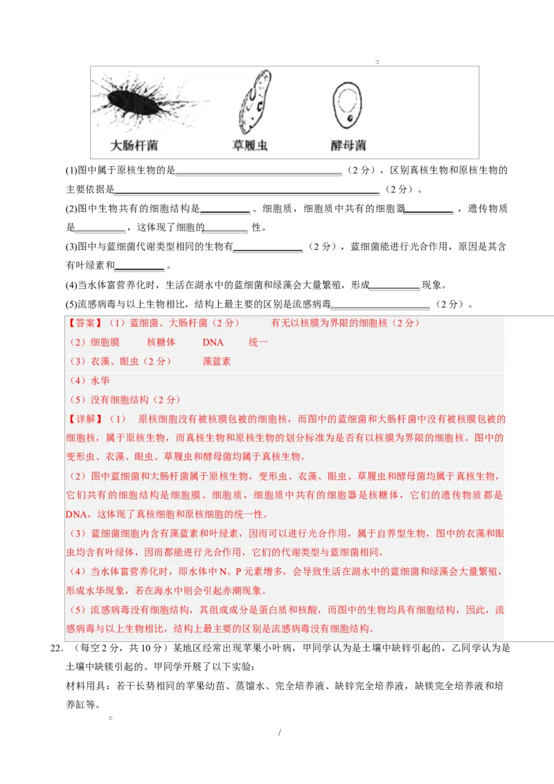 高一生物上学期第一次月考02（全解全析）（人教版2019）_2025年10月高一试卷_2510032025-2026学年高一生物上学期第一次月考