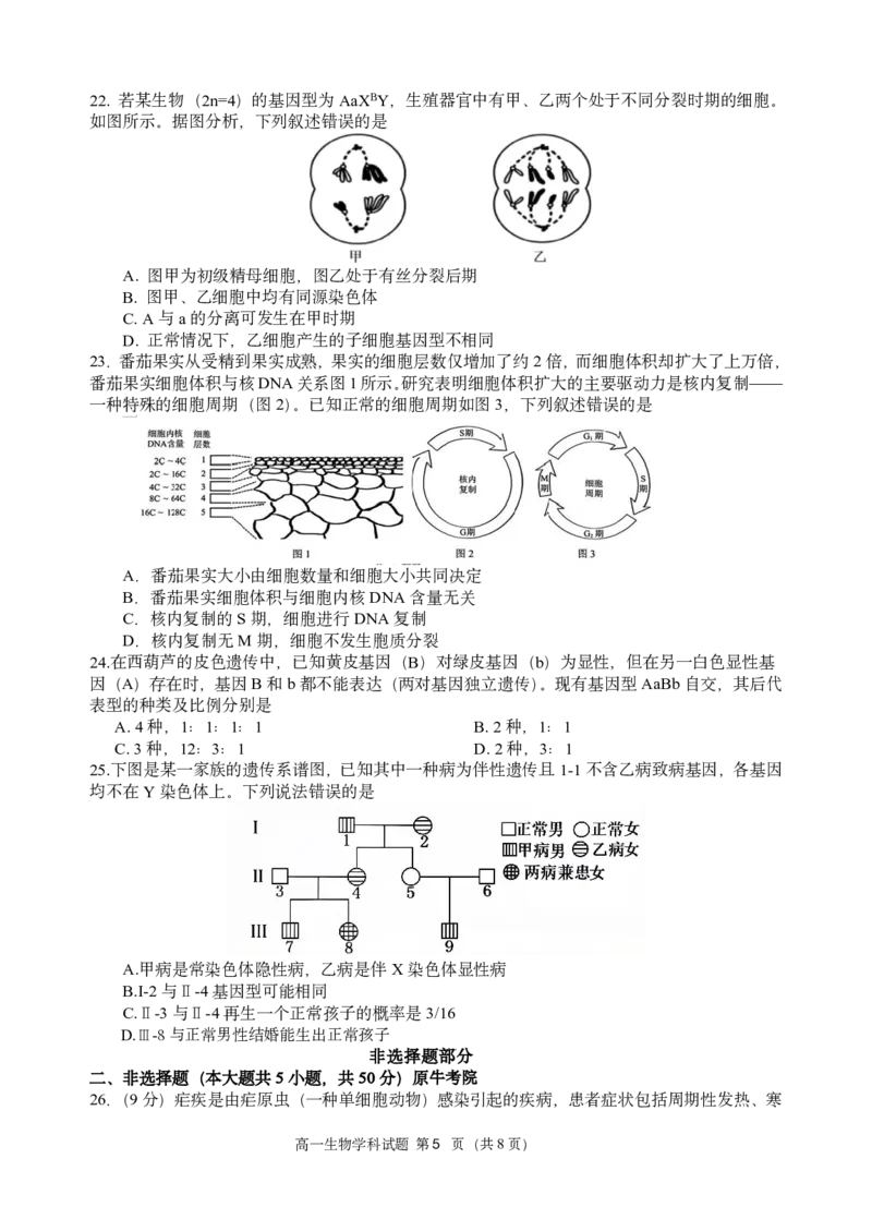 高一生物试题_2026年03月高一试卷_260329浙江四校(含精诚联盟)2025-2026学年高一下学期3月阶段检测（全科）