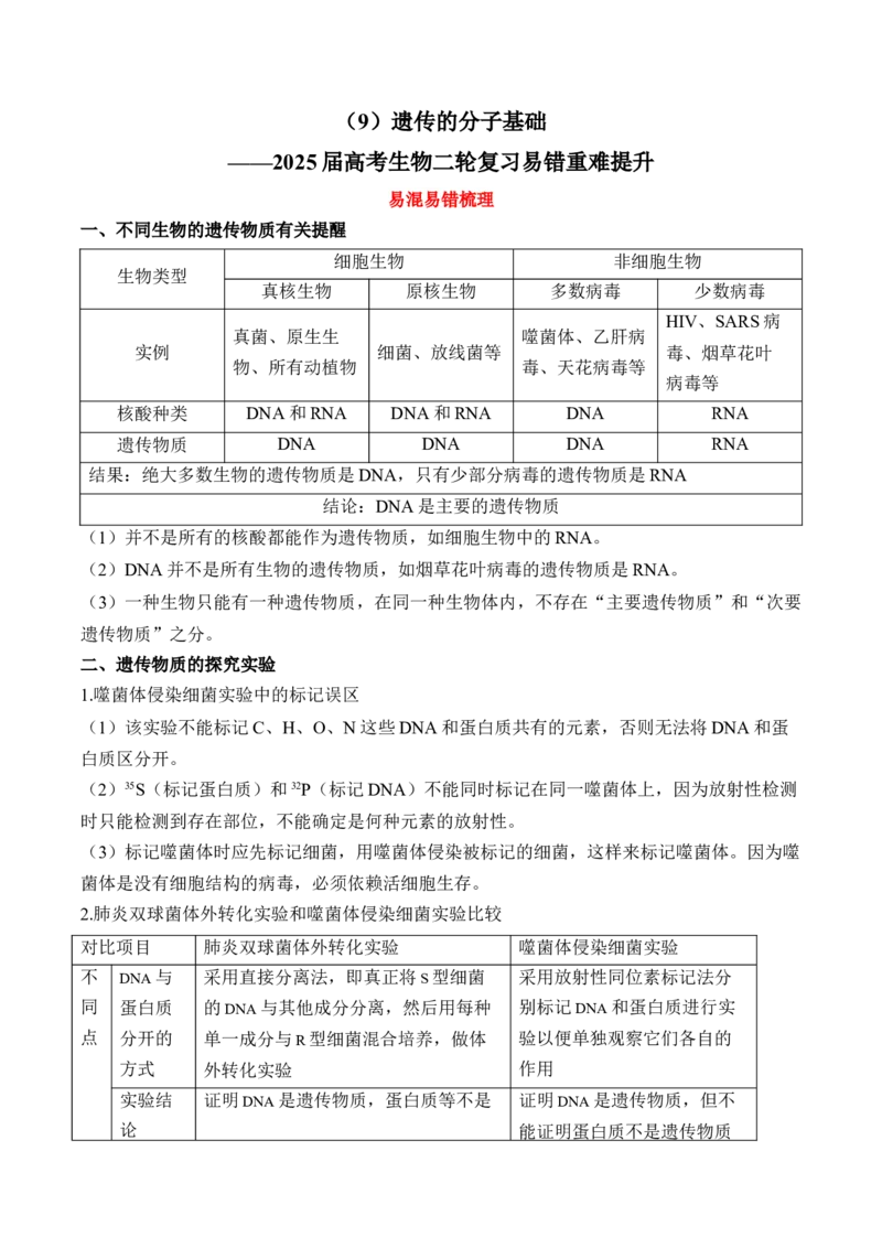 （9）遗传的分子基础&mdash;&mdash;2025届高考生物二轮复习易错重难提升（含解析）_2025年新高考资料_二轮复习_2025届高考生物二轮复习易错重难提升（含解析）