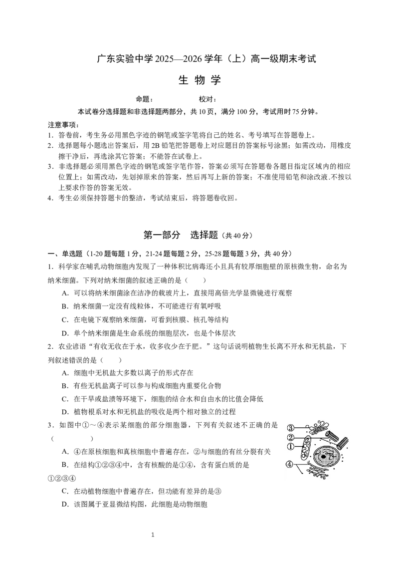 （新）2025高一上-生物期末考试卷(1)_2026年02月高一试卷_260219广东实验中学2025-2026学年高一上学期期末考试（全）_广东实验中学2025-2026学年高一上学期期末考试生物试题（含答案）