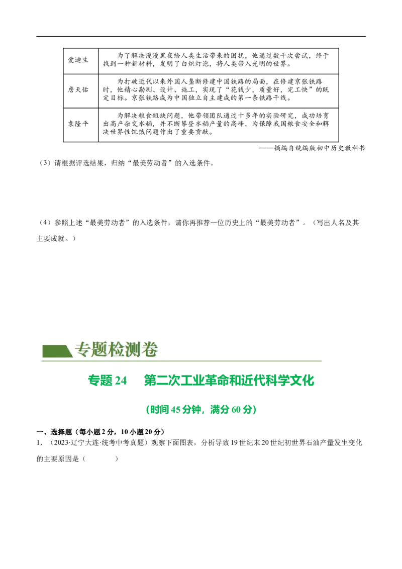 （练习）专题24第二次工业革命和近代科学文化（原卷版）_8历史中考复习_2024年中考复习资料_一轮复习资料_完课件+讲义+练习2024年中考历史一轮复习讲练测（全国通用）
