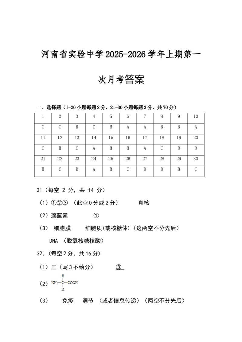 高一生物月考1答案_2025年10月高一试卷_251021河南省实验中学2025-2026学年高一上学期第一次月考_河南省实验中学2025-2026学年高一上学期第一次月考生物试卷（有答案）