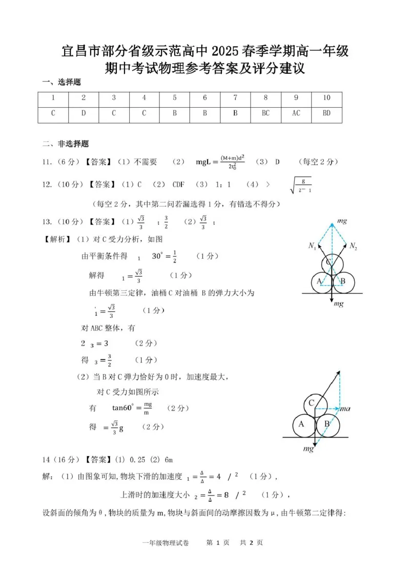 高一物理期中高一期中物理答案_2025年05月试卷_0517湖北省宜昌市部分省级示范高中2024-2025学年高一下学期4月期中联合考试