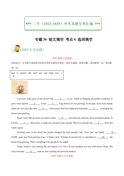 专题36短文填空考点4选词填空（全国通用）（原卷版）_中考复习资料_语数英物化_3英语中考复习_2026年中考复习（更新中）
