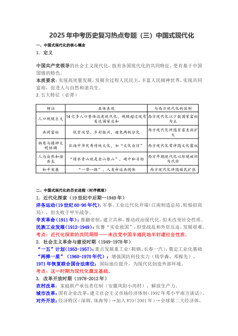 2025年中考历史复习热点专题（三）中国式现代化&nbsp;_中考历史资料合集_2025中考历史热点专题复习（可下载打印）