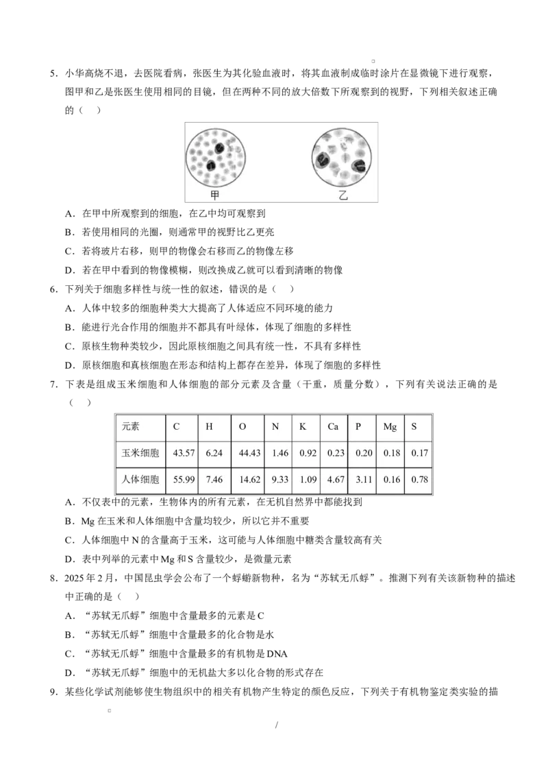高一生物上学期第一次月考02测试范围：必修1第1章-第2章第4节（考试版）（人教版2019）_2025年10月高一试卷_2510032025-2026学年高一生物上学期第一次月考