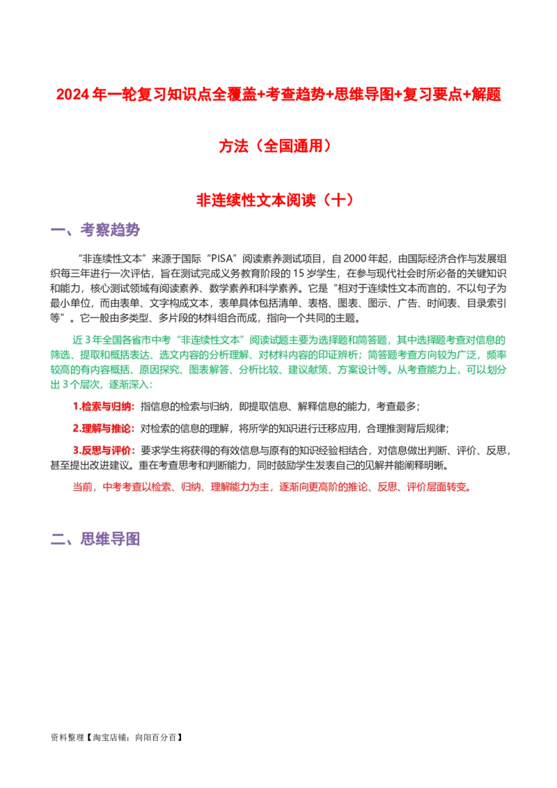 专题10非连续性文本阅读-2024年中考语文一轮复习知识点全覆盖+考查趋势+思维导图+复习要点+解题方法_中考复习资料_语数英物化_1语文中考复习_2024年中考资料_一轮复习资料