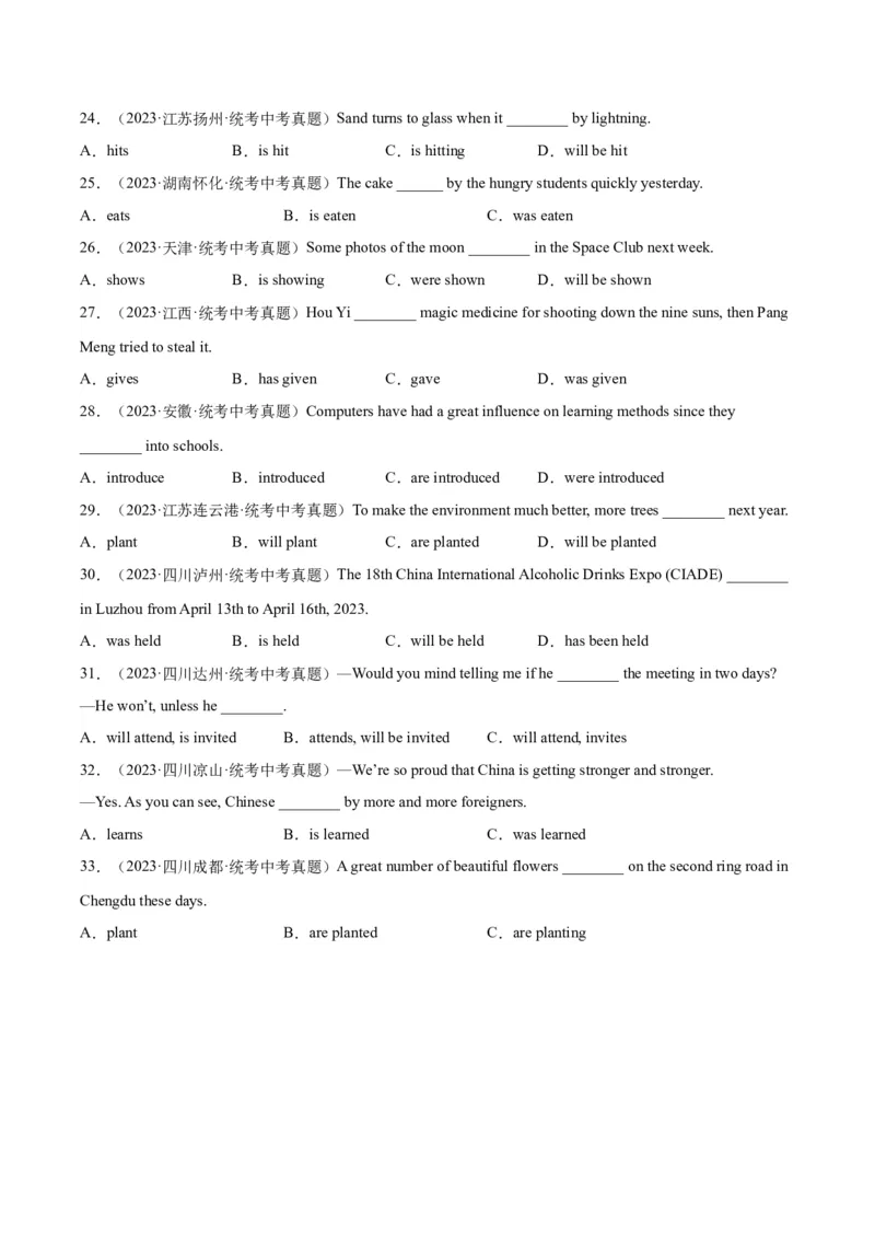 专题10动词的语态（全国通用）（原卷版）_中考复习资料_语数英物化_3英语中考复习_2026年中考复习（更新中）_好题汇编三年（2023-2025）中考英语真题分类汇编（全国通用）