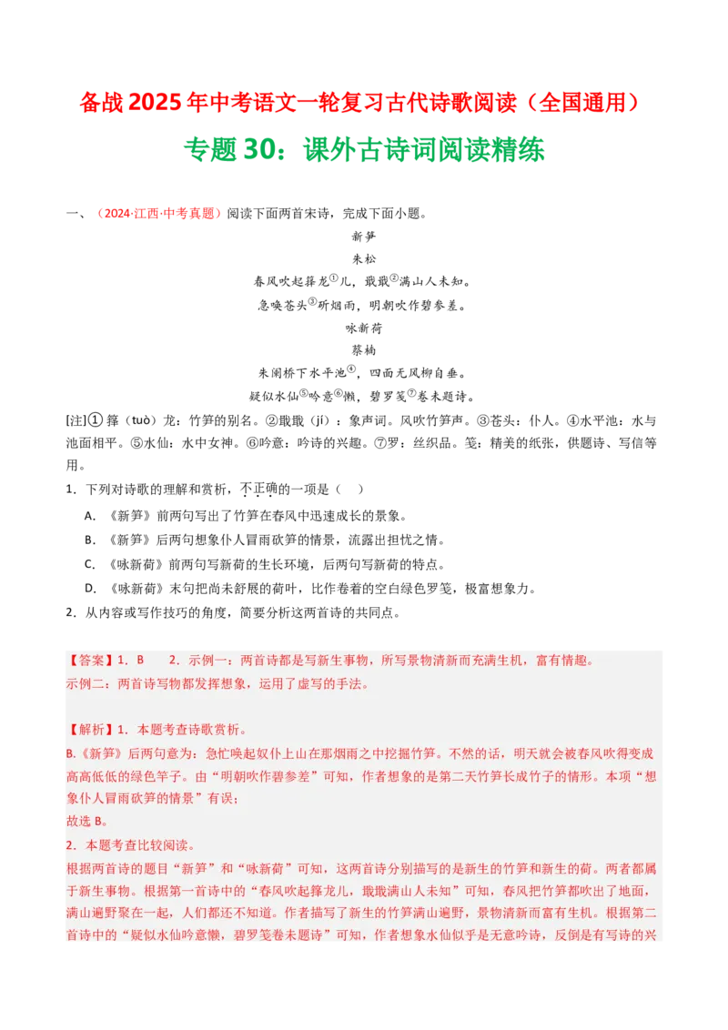 专题30：课外古诗词阅读精练-备战2025年中考语文一轮复习古代诗歌阅读（全国通用）解析版_中考复习资料_语数英物化_1语文中考复习_2025年中考资料