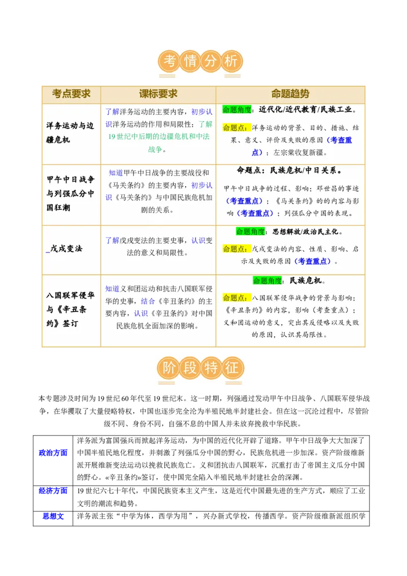 （讲义）专题08近代化的早期探索与民族危机的加剧（原卷版）_8历史中考复习_2024年中考复习资料_一轮复习资料_完课件+讲义+练习2024年中考历史一轮复习讲练测（全国通用）