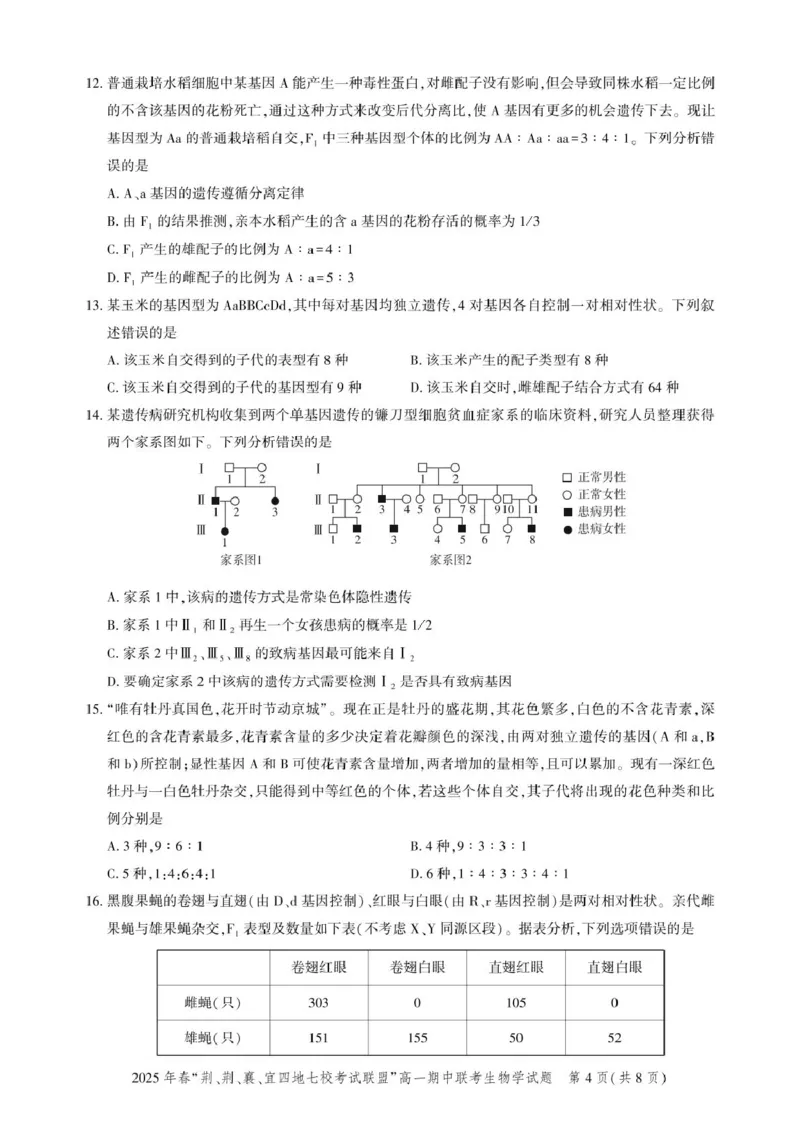 高一期中联考-生物试卷_2025年05月试卷_0521湖北省&ldquo;荆、荆、襄、宜四地七校考试联盟&rdquo;2024-2025学年高一下学期期中联考