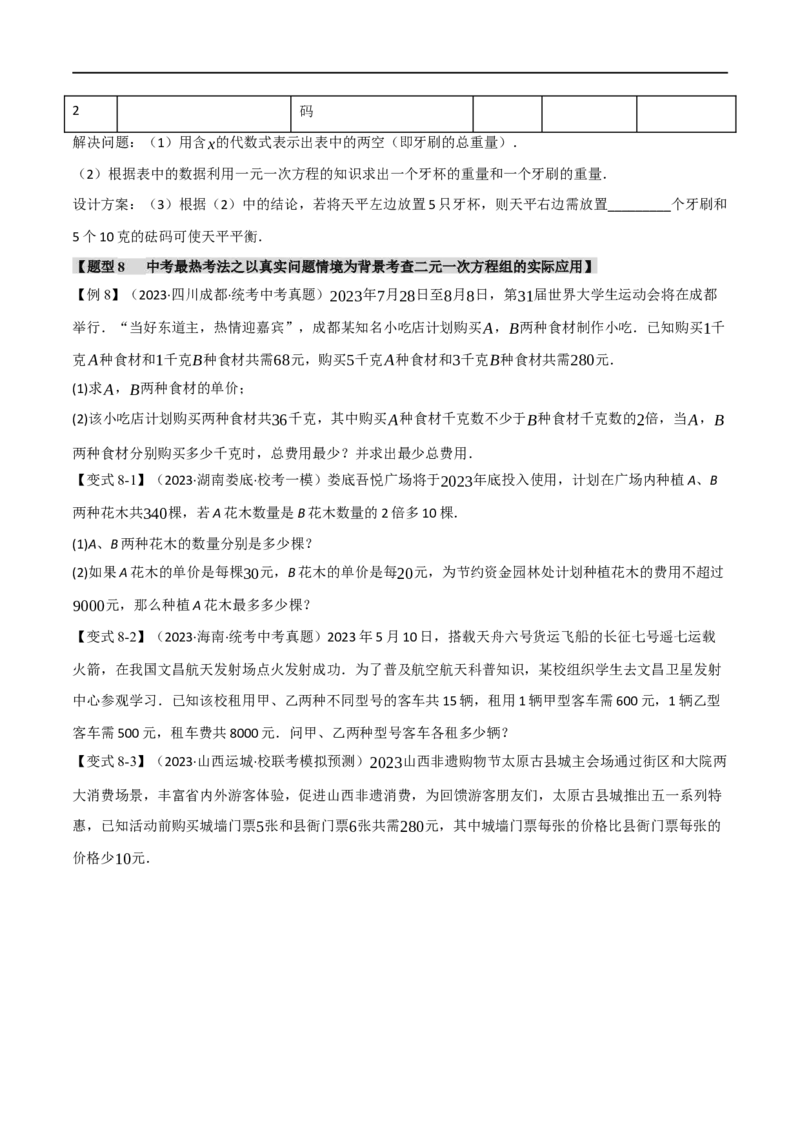专题06一次方程（组）及其应用八大题型（举一反三）（原卷版）_中考复习资料_语数英物化_2数学中考复习_2024年中考复习资料_一轮复习资料