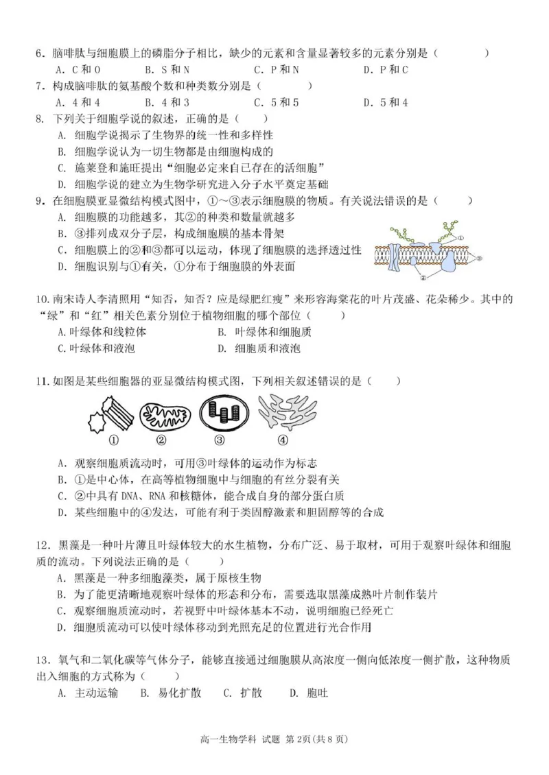高一生物试题_2025年11月高一试卷_251126浙江省五湖联盟2025-2026学年高一上学期期中联考(全）_浙江省五湖联盟2025-2026学年高一上学期期中联考生物试题扫描版含答案