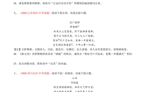 专题30：课外古诗词阅读精练-备战2025年中考语文一轮复习古代诗歌阅读（全国通用）原卷版_中考复习资料_语数英物化_1语文中考复习_2025年中考资料