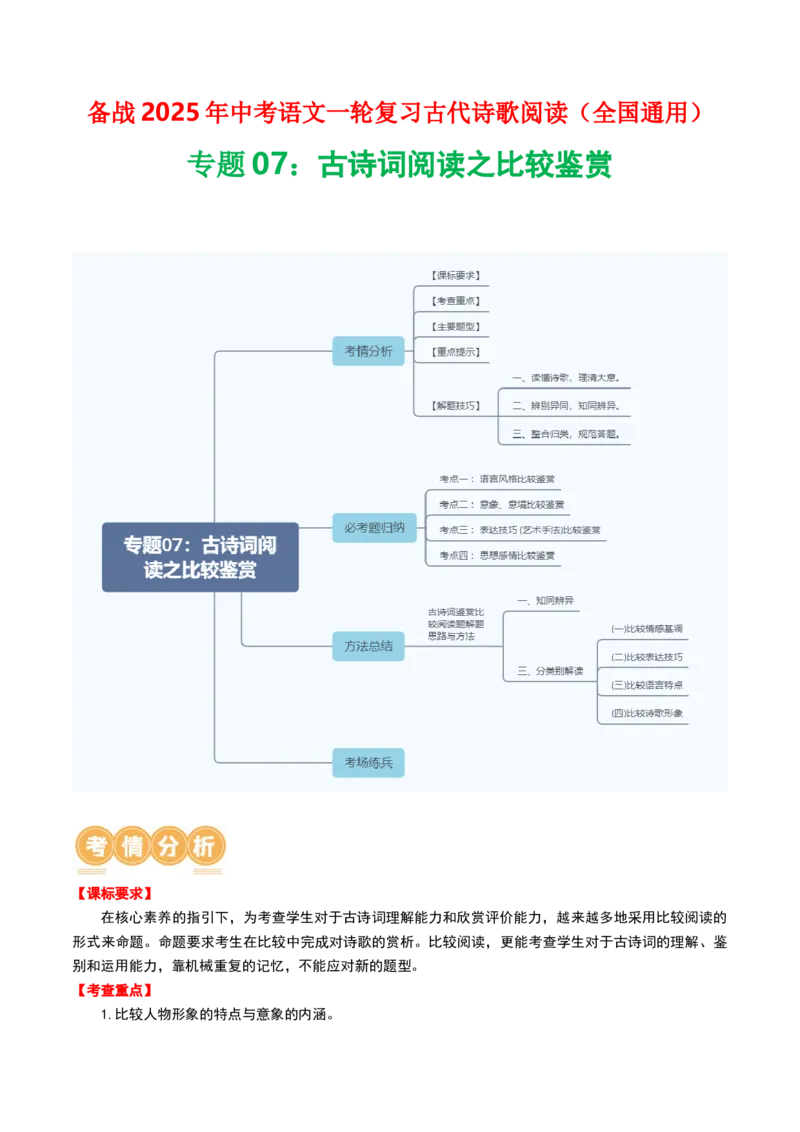 专题07：古诗词阅读之比较鉴赏-备战2025年中考语文一轮复习古代诗歌阅读（全国通用）原卷版_中考复习资料_语数英物化_1语文中考复习_2025年中考资料