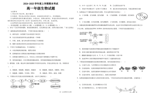 高一生物期末考试题_2025年01月试卷_0117黑龙江省大庆市大庆中学2024-2025学年高一上学期1月期末考试_黑龙江省大庆市大庆中学2024-2025学年高一上学期1月期末考试生物Word版含答案