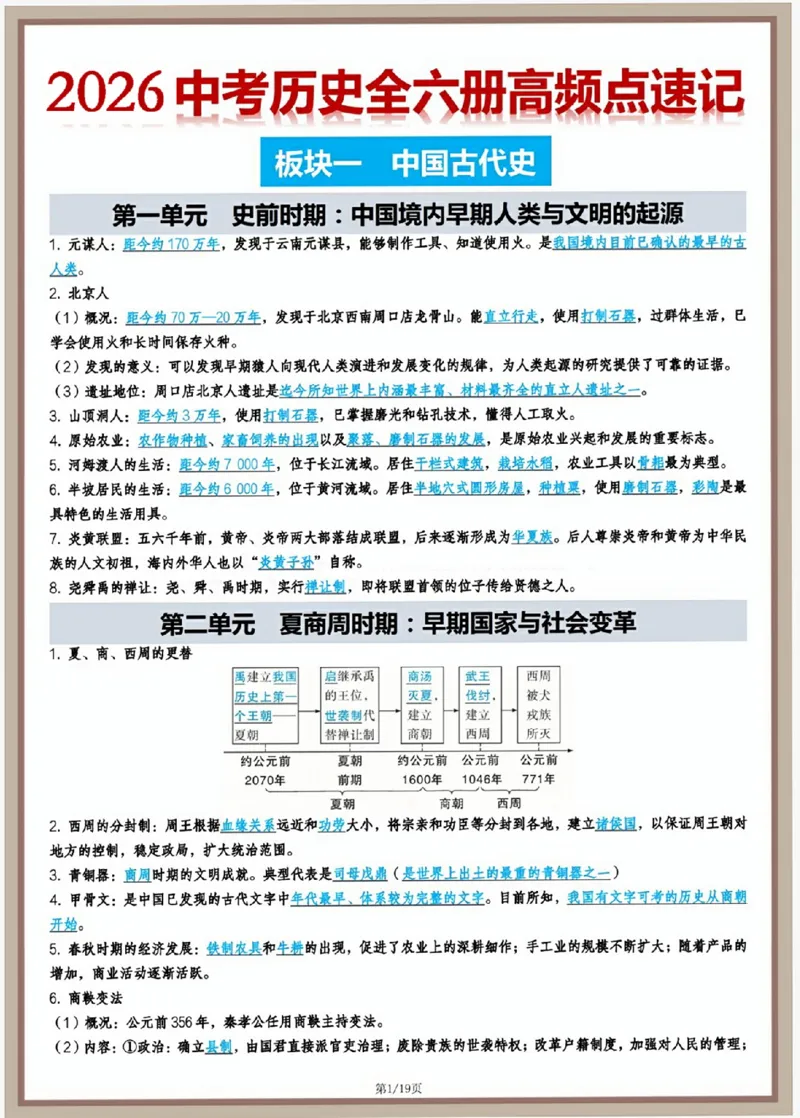 2026中考历史全六册高频点速记_中考历史资料合集_2026中考历史一轮复习资料(默写版+背诵版）