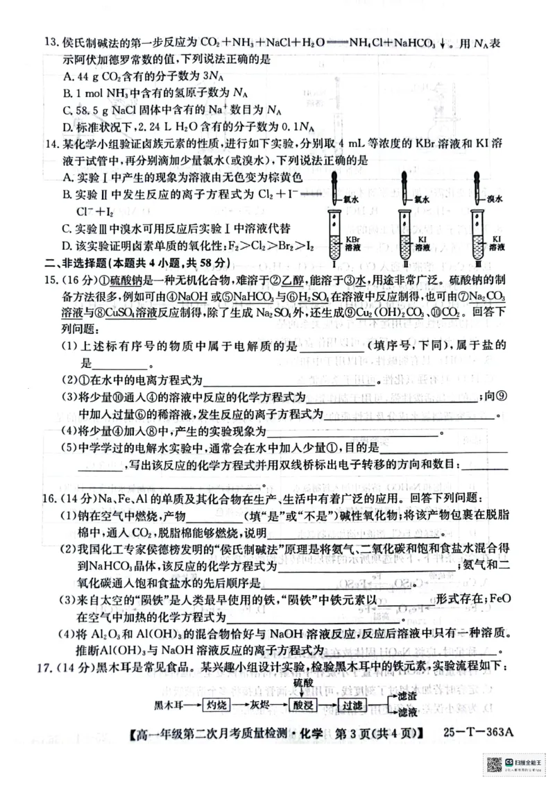 高一年级第二次月考质量检化学_2024年12月试卷_1226陕西省榆林市府谷县部分学校2024-2025学年高一上学期12月月考试题