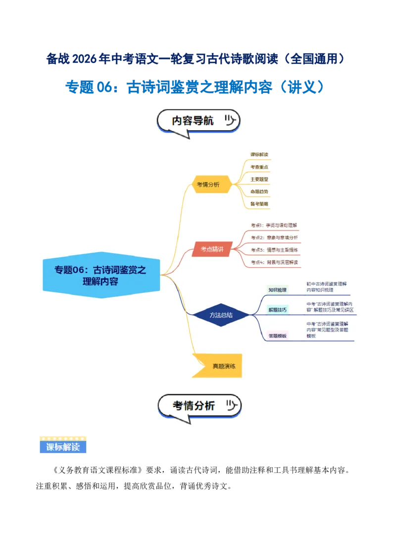 专题06：古诗词鉴赏之理解内容(讲义）解析版_中考复习资料_语数英物化_1语文中考复习_2026年中考复习（更新中）_备战2026年中考语文一轮复习之古诗文专题（全国通用）