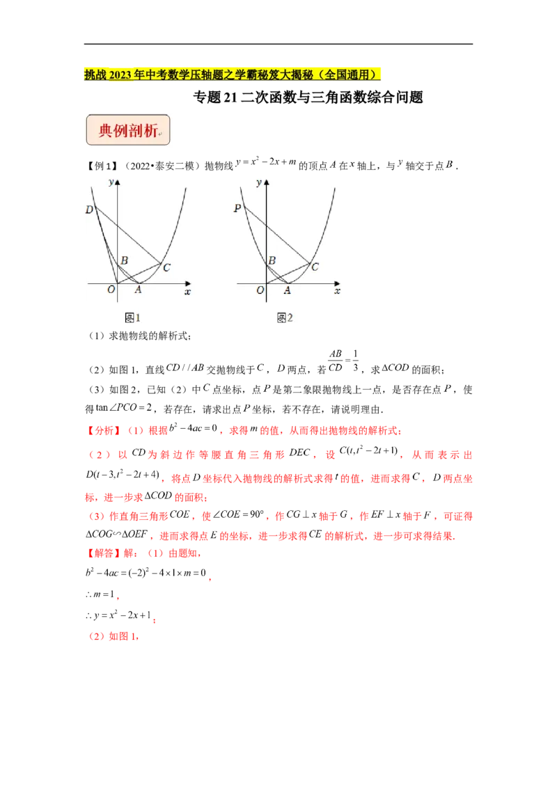 专题21二次函数与三角函数综合问题-挑战2023年中考数学压轴题之学霸秘笈大揭秘（全国通用）（解析版）_中考复习资料_语数英物化_2数学中考复习_2023年中考复习资料_专项复习