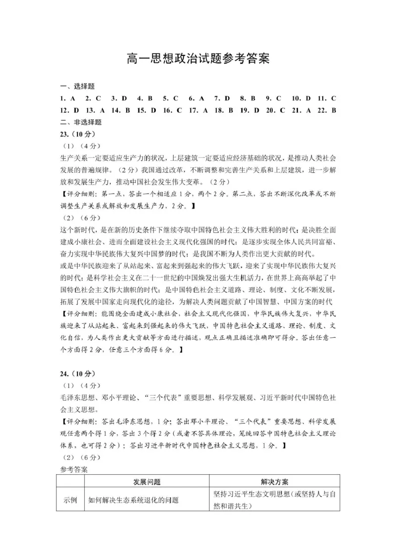 高一政治参考答案评分细则_2025年03月试卷_0315山东省威海市2024-2025学年高一上学期期末考试_山东省威海市2024-2025学年高一上学期期末考试思想政治试题（PDF版，含答案）