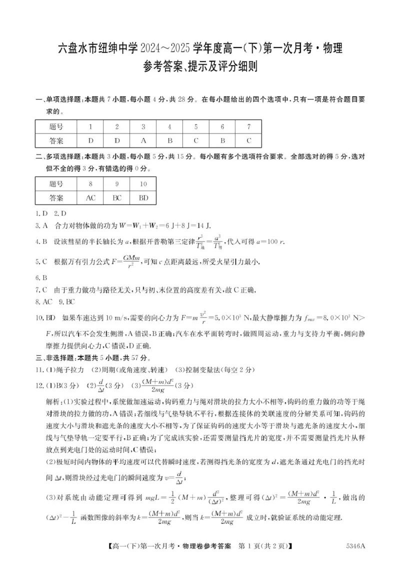 高一物理卷答案_2025年05月试卷_0507贵州省六盘水市纽绅中学2024-2025学年高一下学期第一次月考（4月）_贵州省六盘水市纽绅中学2024-2025学年高一下学期4月月考物理试题（PDF版，含答案）