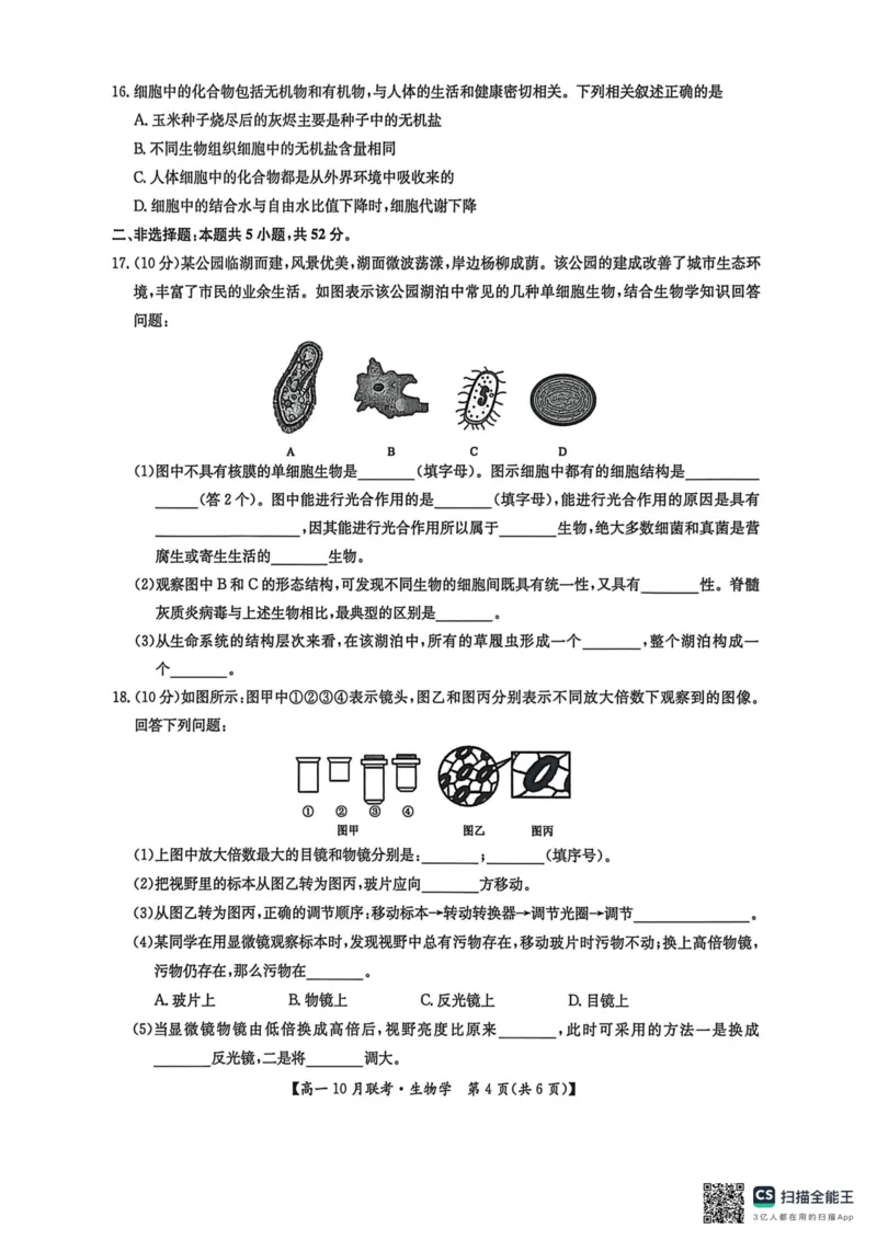 高一生物2025-10-1516.45_2025年10月高一试卷_251019河南洛阳强基联盟2025-2026学年高一上学期10月联考（全）_河南洛阳强基联盟2025-2026学年高一上学期10月联考生物试题含答案