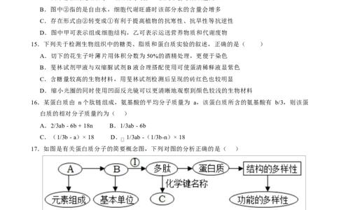 高一生物上学期第一次月考测试范围：人教版2019必修1第1第1章~第2章（安徽专用）（考试版）_2025年10月高一试卷_2510032025-2026学年高一生物上学期第一次月考