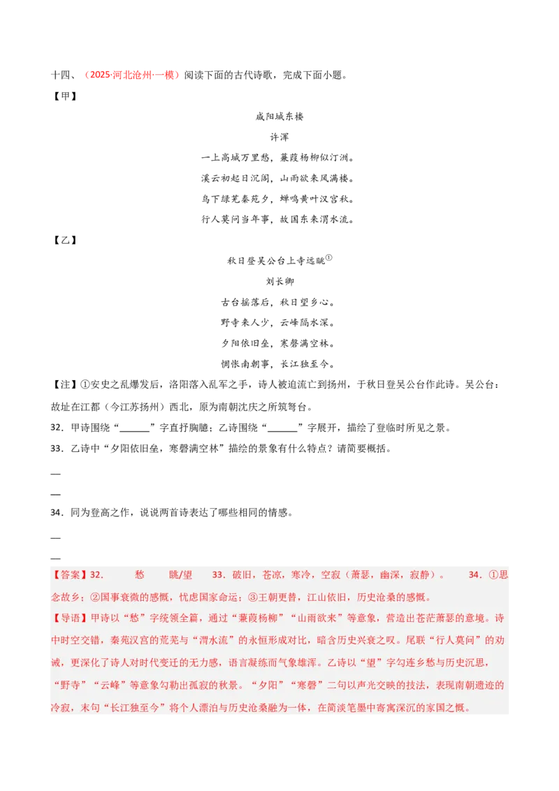 专题20：九上古诗词+古诗词阅读精练（练习）解析版_中考复习资料_语数英物化_1语文中考复习_2026年中考复习（更新中）_备战2026年中考语文一轮复习之古诗文专题（全国通用）