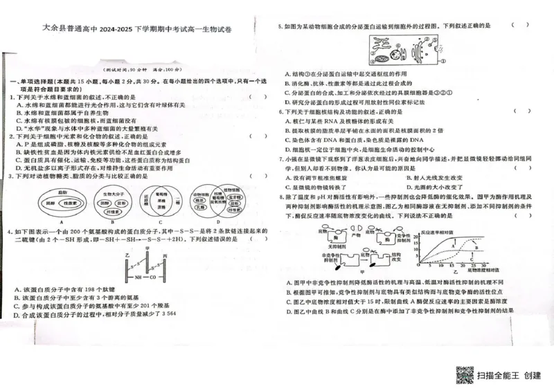 高一生物高一生物_2025年05月试卷_0523江西省赣州市大余县部分学校2024-2025学年高一下学期4月期中联考