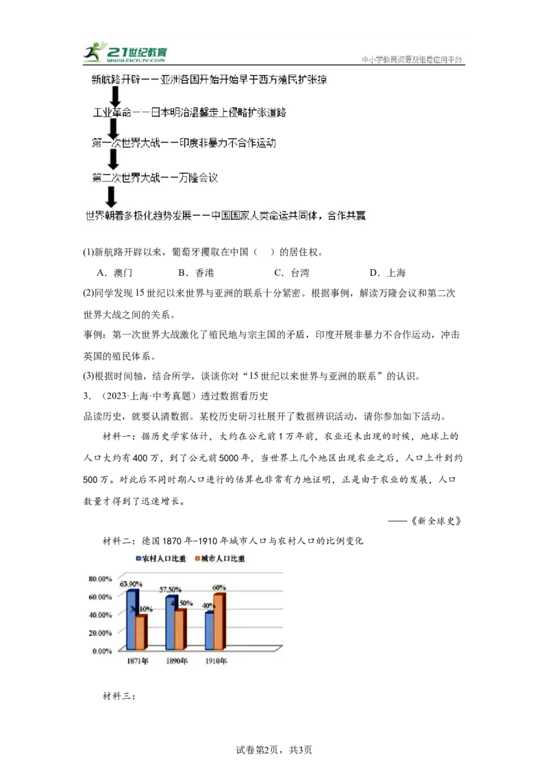 （上海专用）中考历史真题汇编：综合材料题-5年（2020-2024）中考真题+1年模拟真题汇编_8历史中考复习_2025年中考复习资料