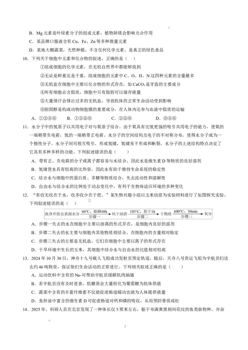 高一生物上学期第一次月考01测试范围：人教版2019必修2第1章~第2章第4节（考试版）（人教版2019）_2025年10月高一试卷_2510032025-2026学年高一生物上学期第一次月考