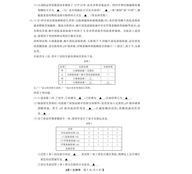 高一试题_2025年12月高一试卷_251202浙江省强基联盟2025-2026学年高一上学期11月期中_浙江省强基联盟2025-2026学年高一上学期11月期中生物试题（图片版，含答案）