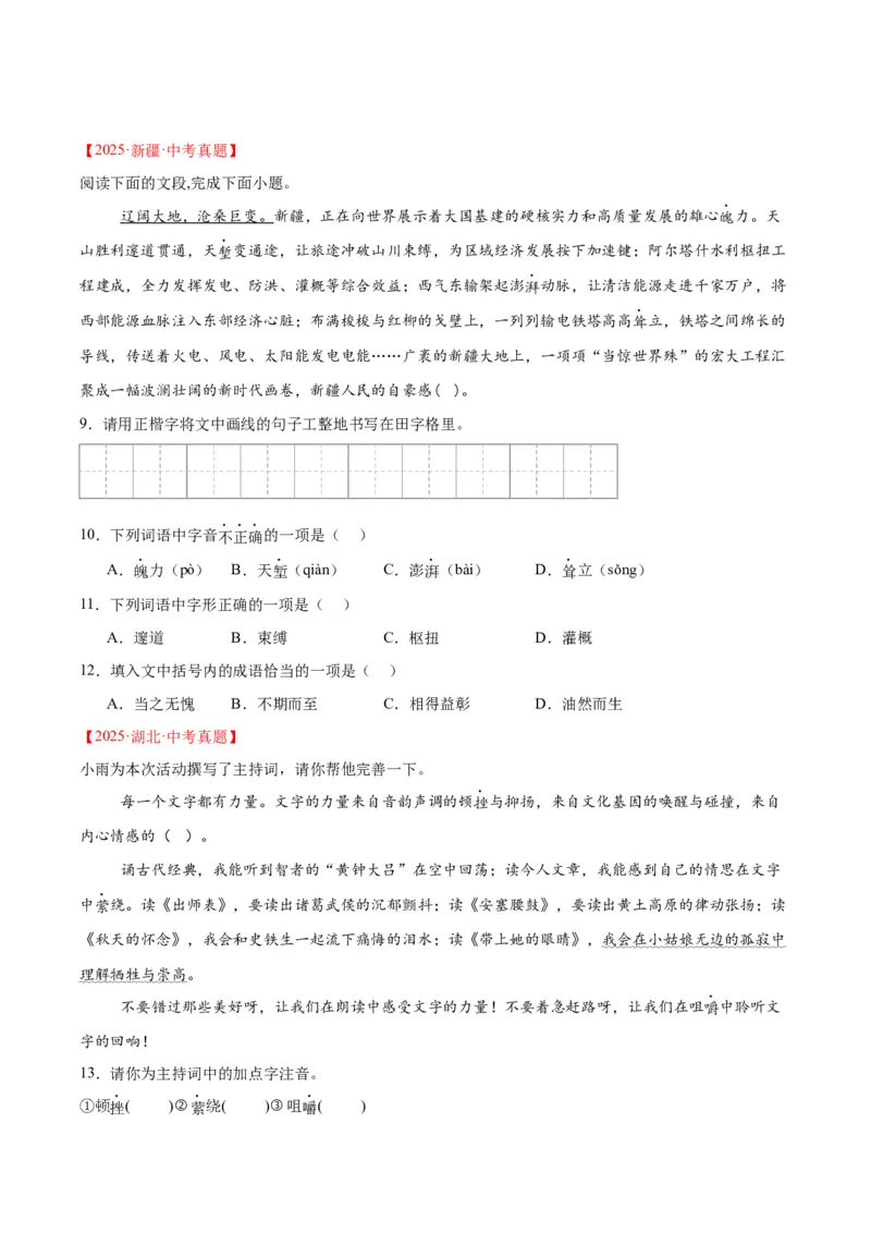 专题06基础知识综合（全国通用）（原卷版）_中考复习资料_语数英物化_1语文中考复习_2026年中考复习（更新中）_好题汇编三年（2023-2025）中考语文真题分类汇编（全国通用）