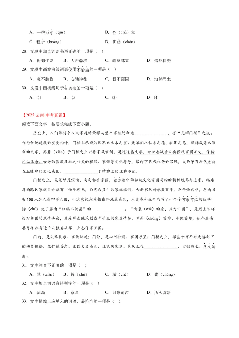 专题06基础知识综合（全国通用）（原卷版）_中考复习资料_语数英物化_1语文中考复习_2026年中考复习（更新中）_好题汇编三年（2023-2025）中考语文真题分类汇编（全国通用）