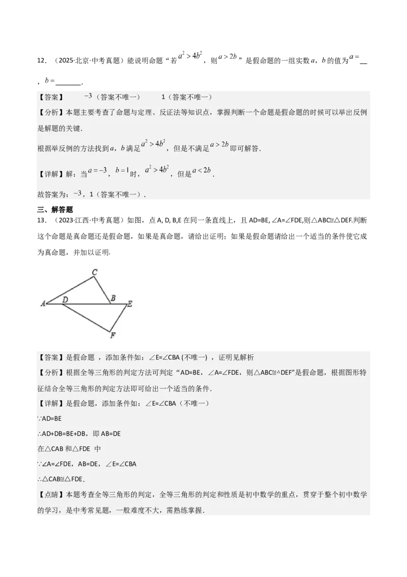 名师导航2026年中考数学一轮复习专题4.3定义、命题与定理（全国通用版）（解析版）_中考复习资料_语数英物化_2数学中考复习_2026年中考复习（更新中）